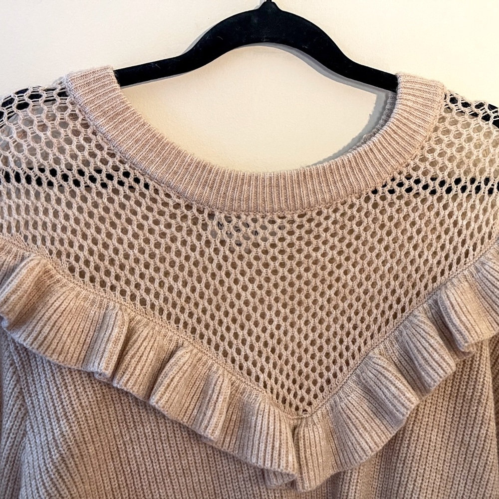 Molly Bracken Beige Knit Sweater with Mesh and Ruffle Detail - Size M